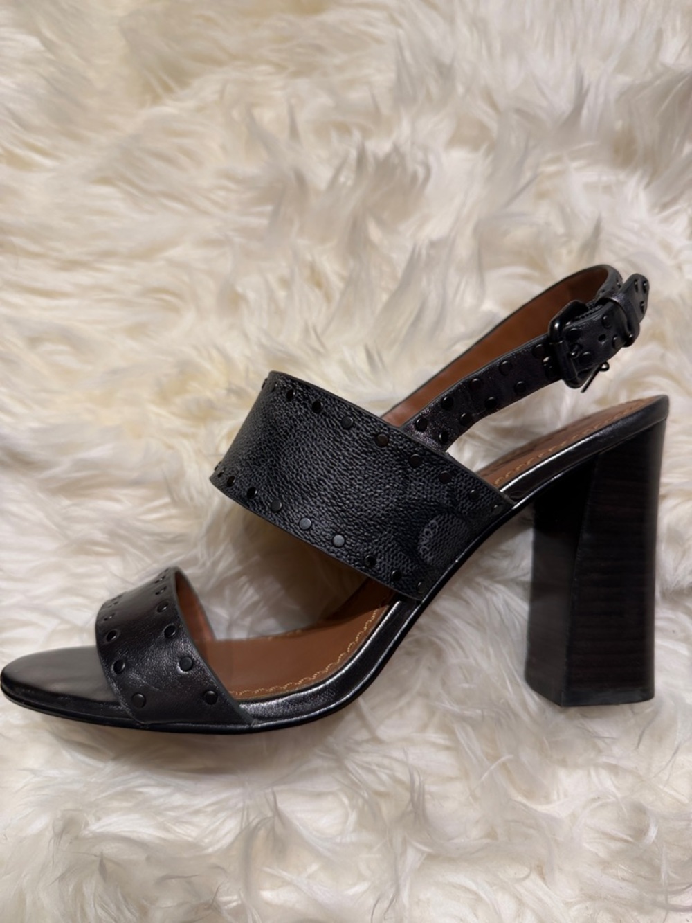 Coach Riley Black Pewter Studded Block Heel Slingback 10M
